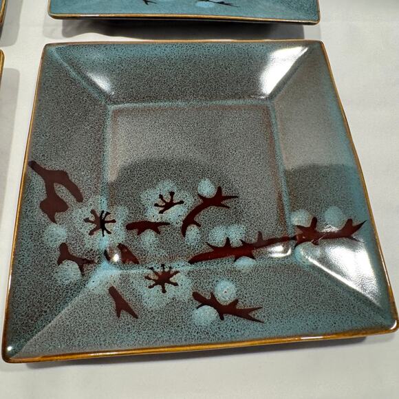 Pier 1 Tranquil Square Salad Plates 8" Stoneware Green Cherry Blossoms Set of 5 - Picture 4 of 10